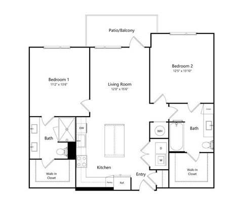 Floor plan for 2 beds, 2 baths, 1151 sqft